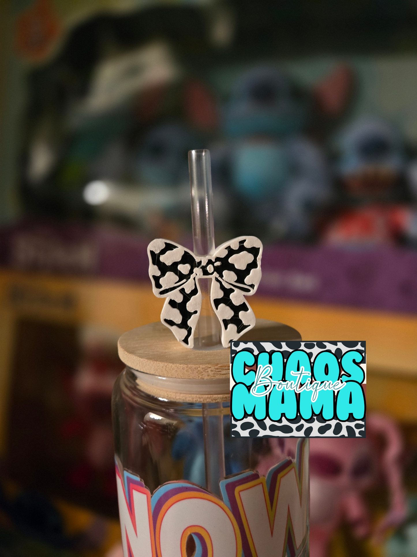 Cow Print Bow Straw Topper
